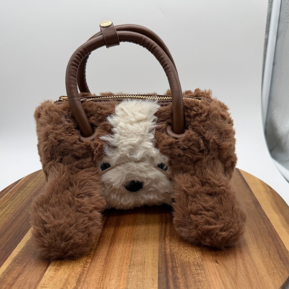 Faux Fur Dog Novelty Handbag Brown White Puppy Plush Crossbody Bag